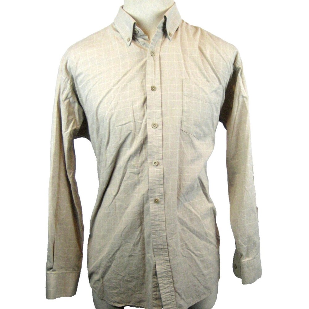 Mens Greg Norman Cotton LS Tan Windowpane Dress Shirt sz L